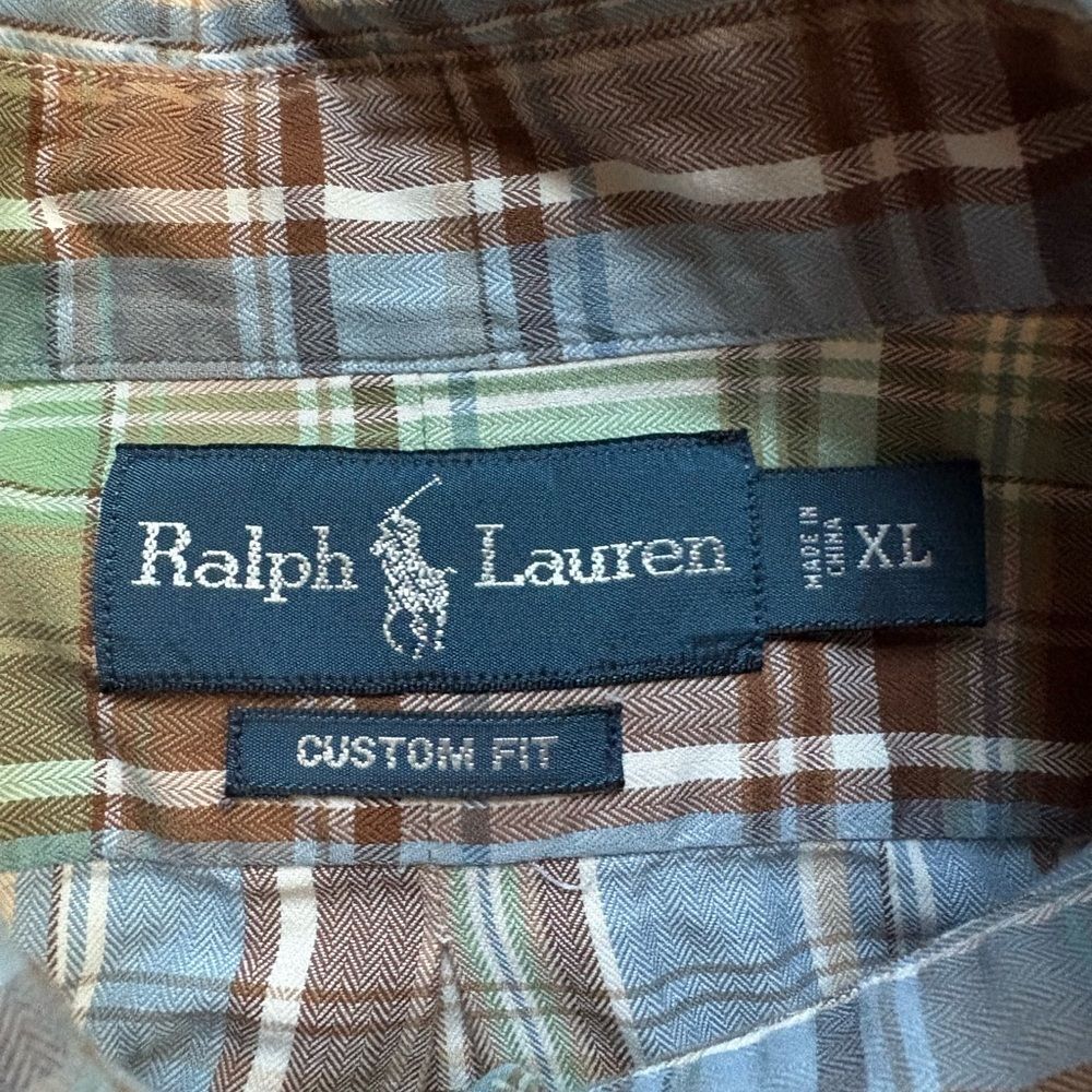 Polo Ralph Lauren Mens Long Sleeve Dress Shirt Custom Fit XL Blue Green Plaid - Picture 2 of 3